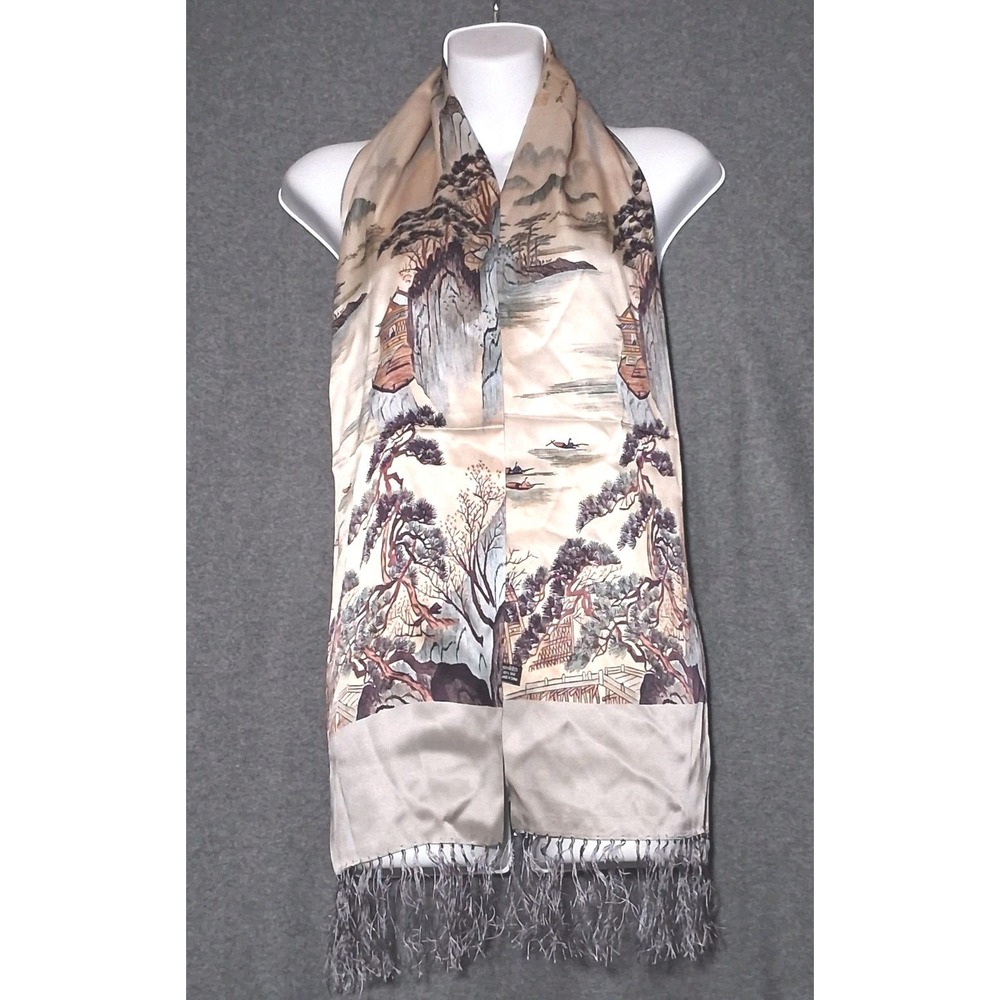 Silk Fringe Shawl Scarf Womens Cream East Asian Landscape Art